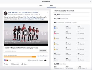 The Utah Warriors is Utah's first professional rugby team. Rugby is now a pro sport in the United States and we help the Utah Warriors lead the way in branding, content creation and social media marketing. Our goal is to sell more rugby game tickets, through effective sports marketing and advertising in Utah we will attain that goal.