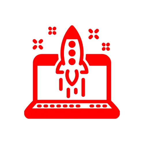 A red icon of a rocket launching from a laptop with decorative shapes, representing Hosting + Support + Site Power-ups for technology, innovation, and startups.