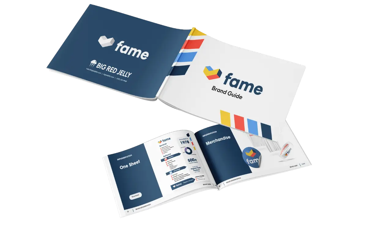 Two open brand guide booklets with blue and white covers, colorful tab markers, and pages displaying branding elements, merchandise, and guidelines for a brand called fame by Big Red Jelly.