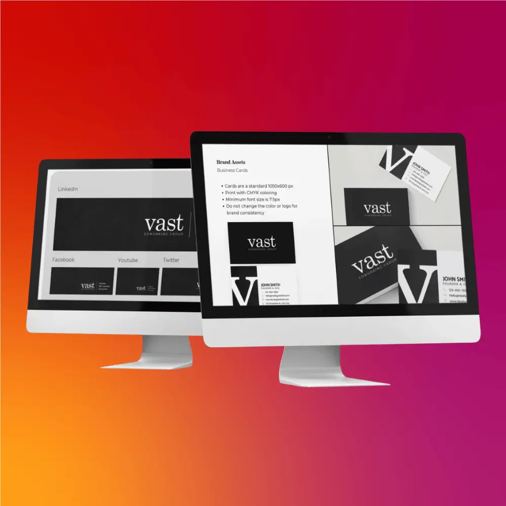 Two computer monitors showcase a minimalist black-and-white business card with "vast" on a gradient background, highlighting the Pro Grow Membership (Annual).