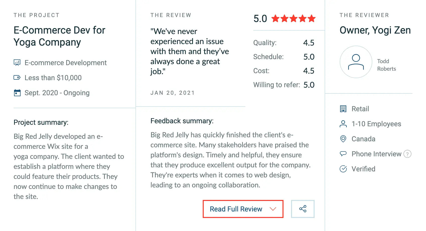 Project client review - ecommerce optimized website at Big Red Jelly.