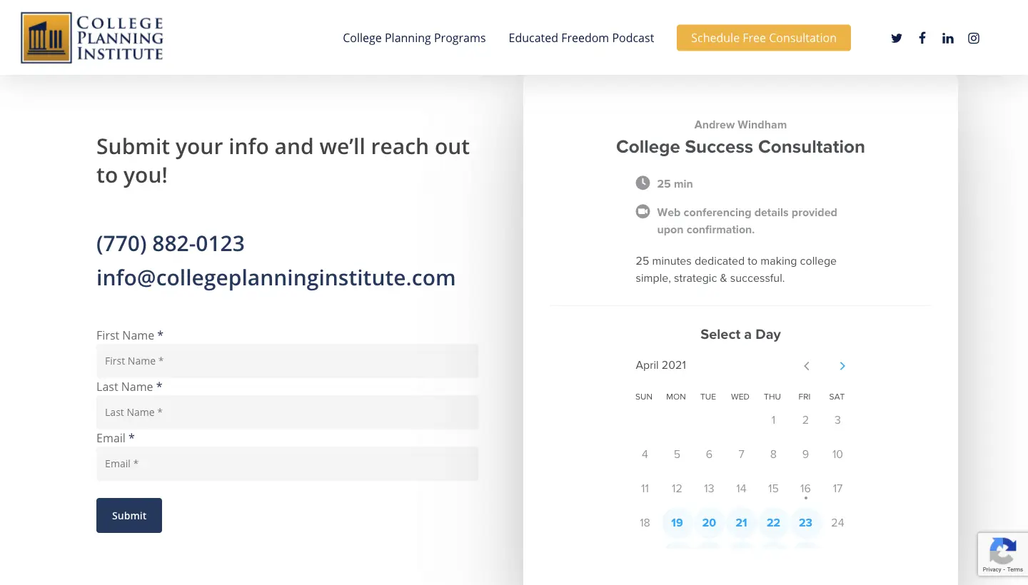 College Planning Institute's website design - consultation page