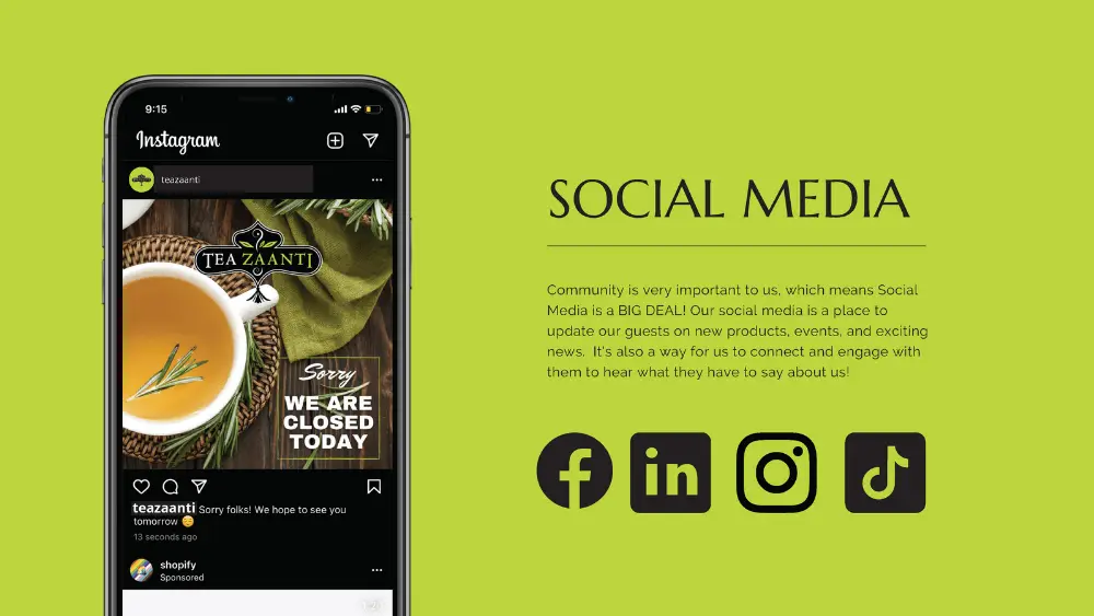 5 Tea zaanti social media link image - brand and building at Big Red Jelly Provo Utah.