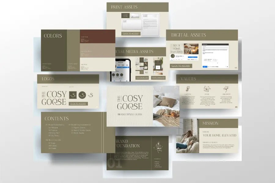 A brand style guide layout for fincas valverde features sections for colors, logos, contents, print and digital assets, social media assets, values, and mission—all in neutral brown and beige tones with a clean, modern design.