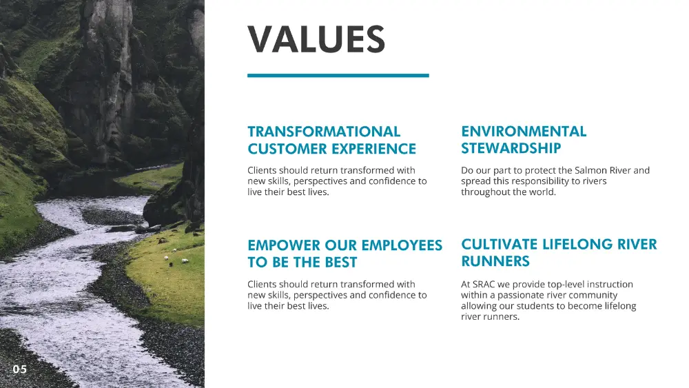 4 Salmon river values page brand style guide - brand optimization Big Red Jelly