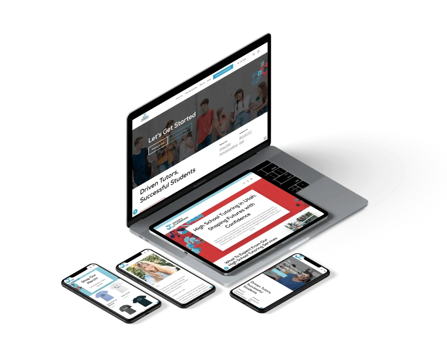A laptop, tablet, and two smartphones display responsive website designs for an educational platform, showing consistent branding and layout across multiple devices.