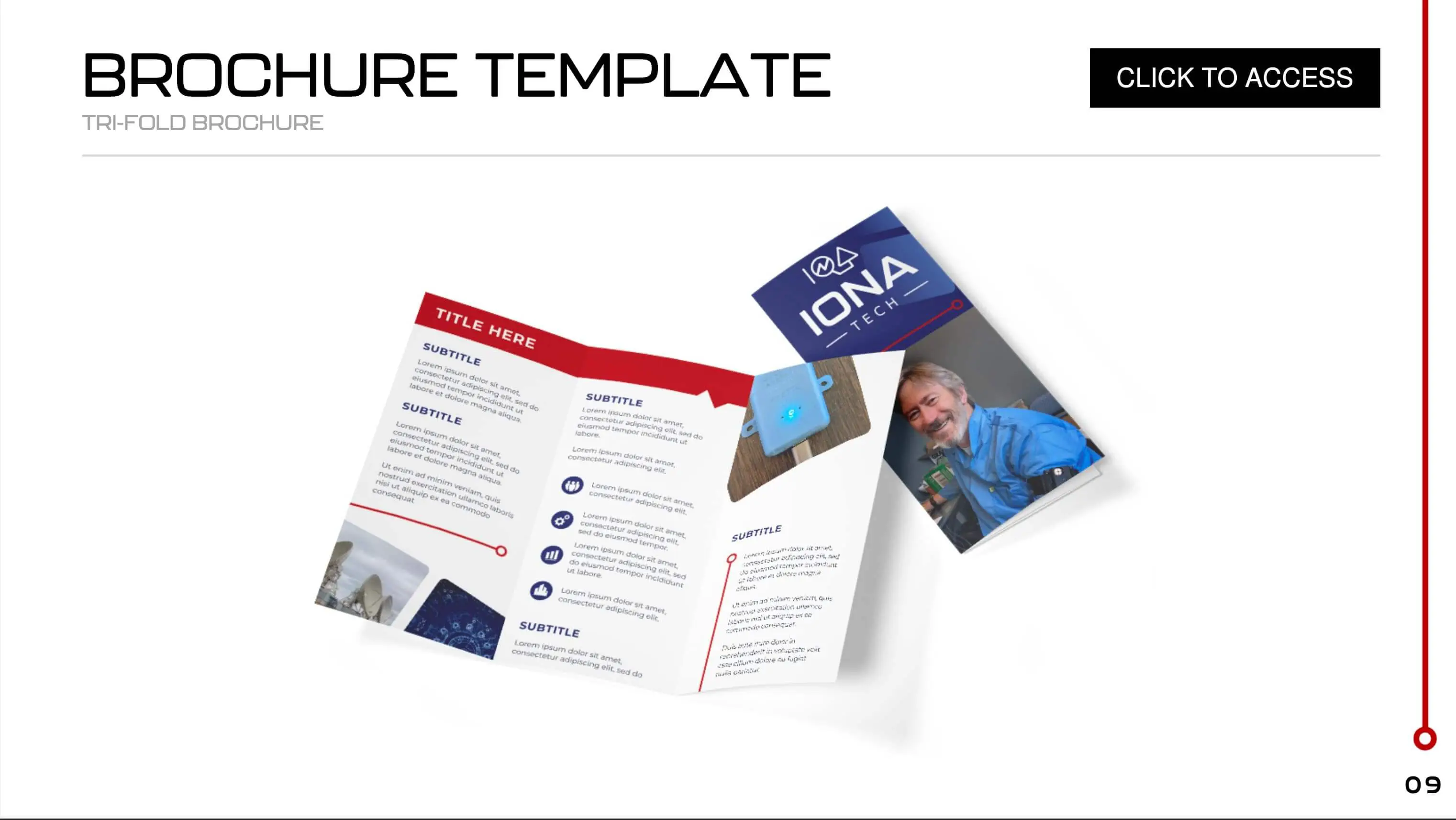 Screen Shot 2022-09-16 at 11.59.57 A sample tri-fold brochure template is displayed on a white background. The brochure is open, showing red and blue accents with text and images. A closed version with a blue cover and a smiling child is also visible.