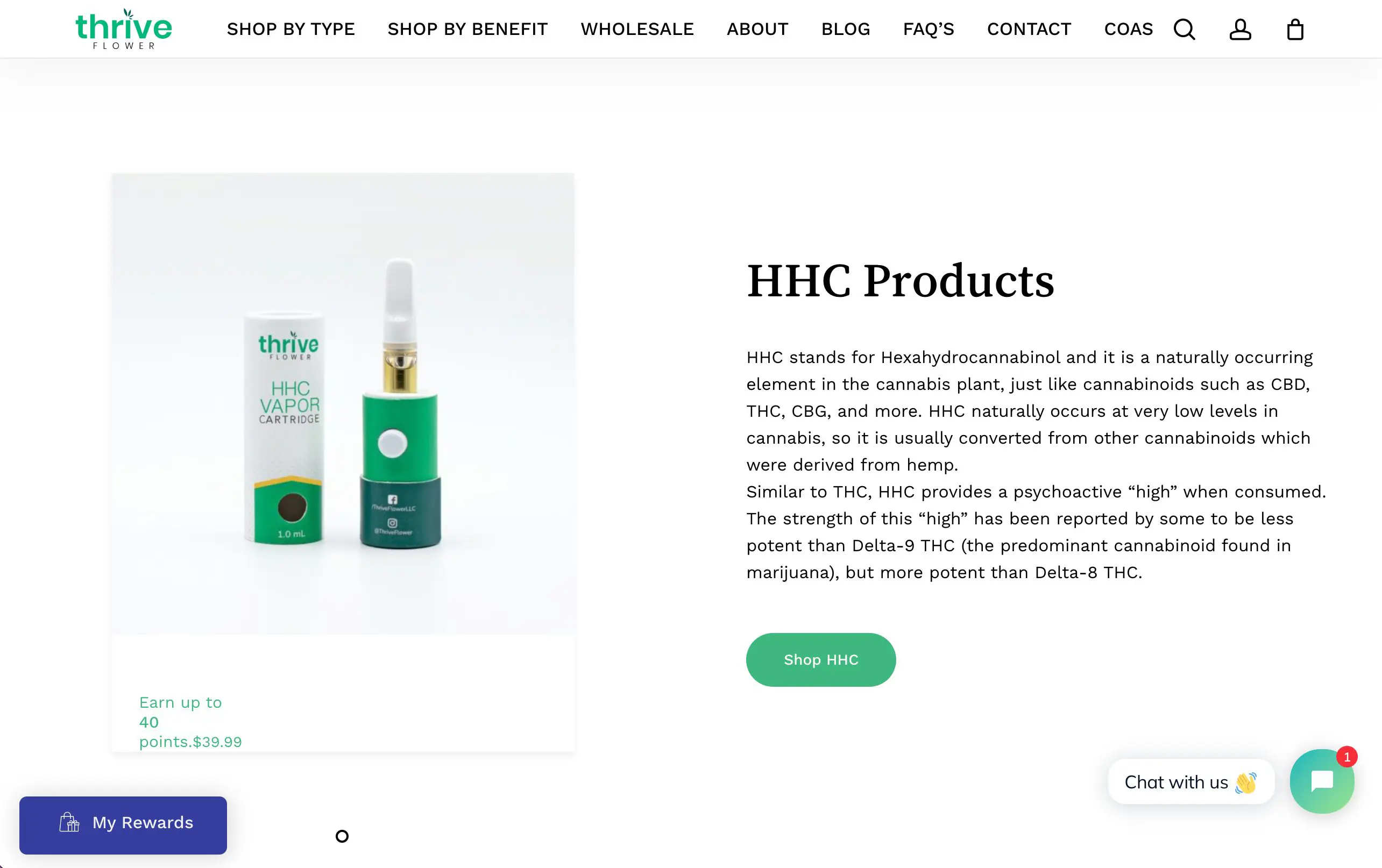 A new website design for Thrive Flower by Big Red Jelly features a green and white HHC vapor cartridge beside its box, informative HHC details, “Shop HHC” and chat buttons, plus easy navigation links.
