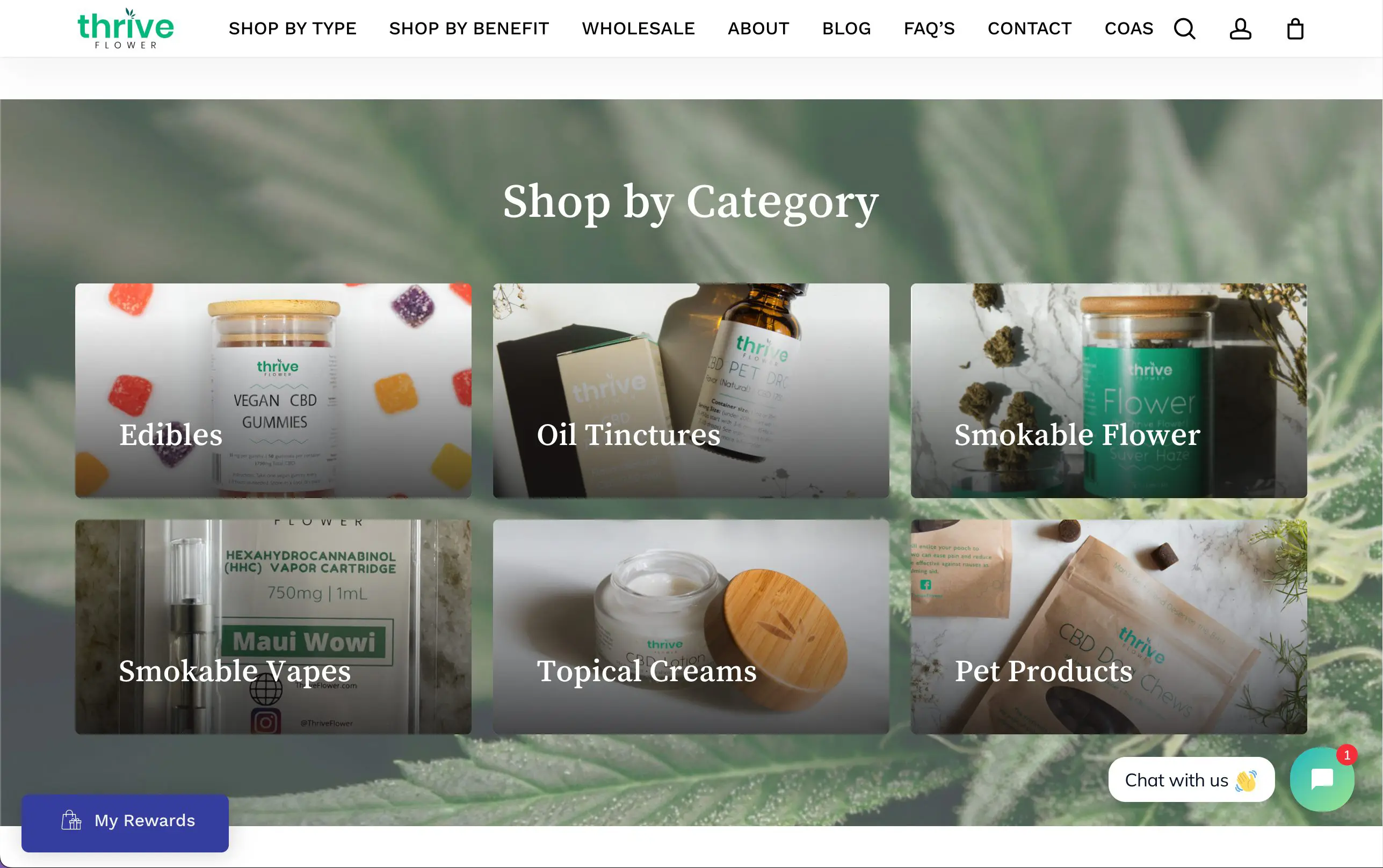 Screen Shot 2022-09-21 at 10.22.12 The new website design for Thrive Flower by Big Red Jelly showcases six product categories—Edibles, Oil Tinctures, Smokable Flower, Smokable Vapes, Topical Creams, and Pet Products—each with a photo and text label set against a cannabis leaf background.