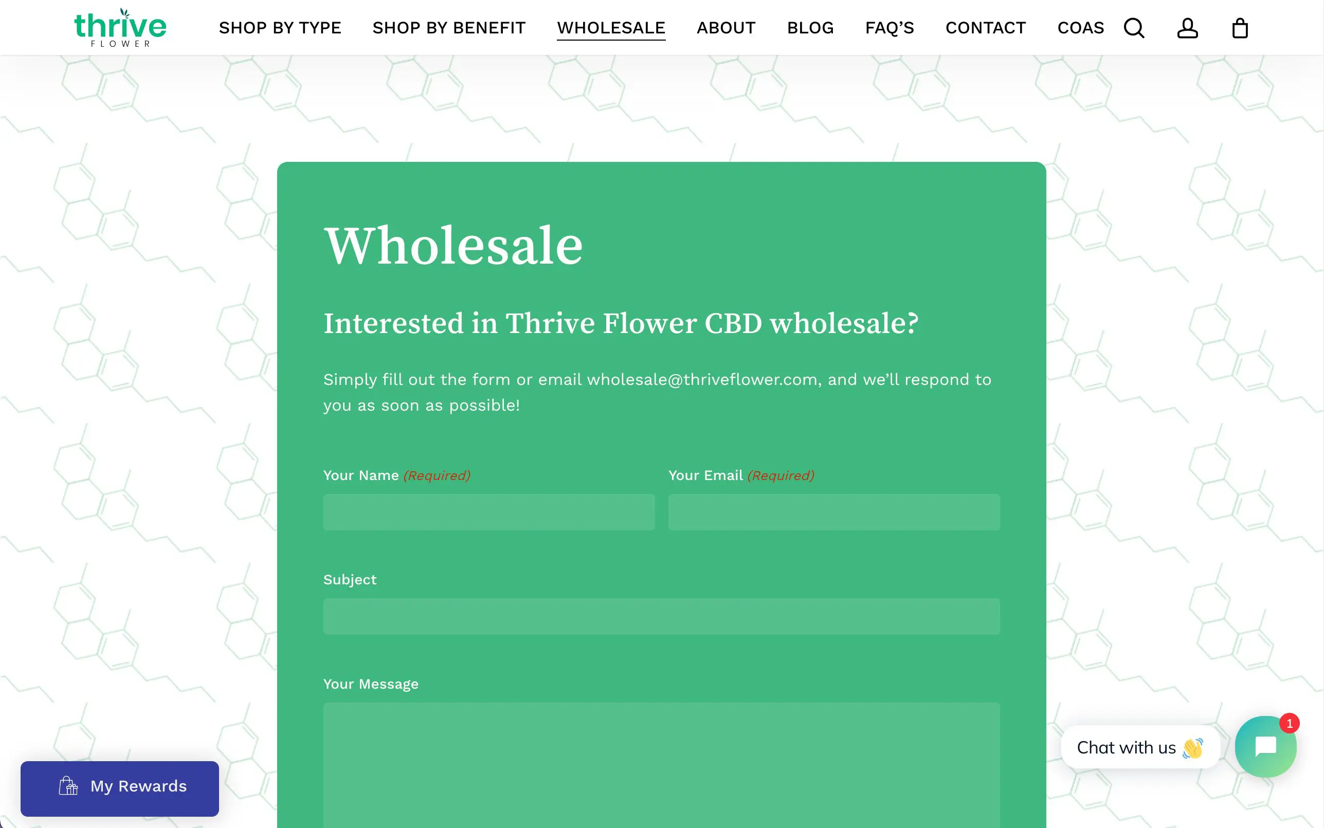 Screen Shot 2022-09-21 at 10.24.25 A new website design for Thrive Flower by Big Red Jelly features a green contact form for CBD wholesale inquiries—request info with your name, email, subject, and message, plus chat support in the lower right corner.