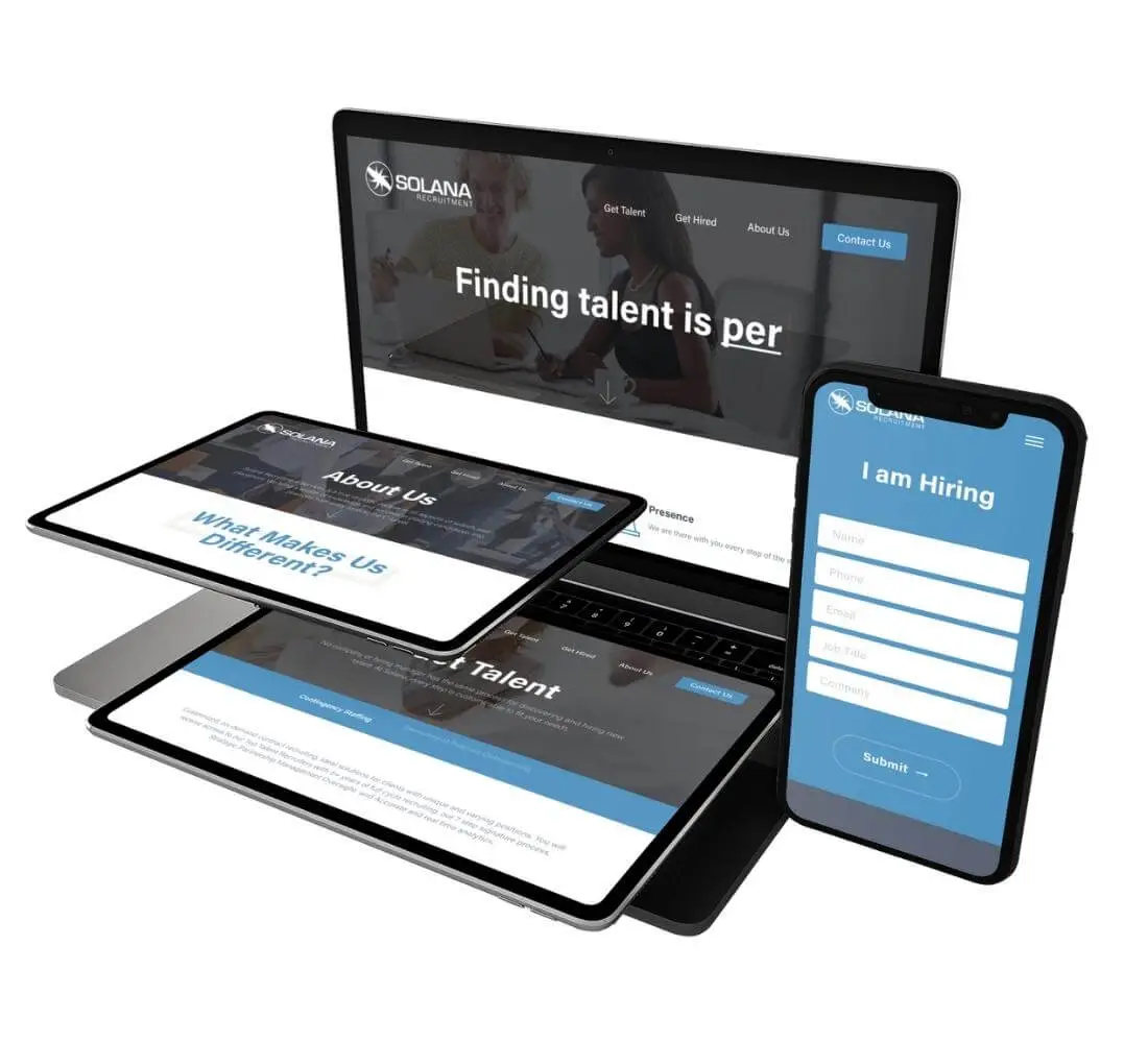 A laptop, two tablets, and a smartphone display the Solana recruitment website, showing pages like “Finding talent is,” “About Us,” and a hiring form—highlighting responsive design for organizations seeking marketing automation services.