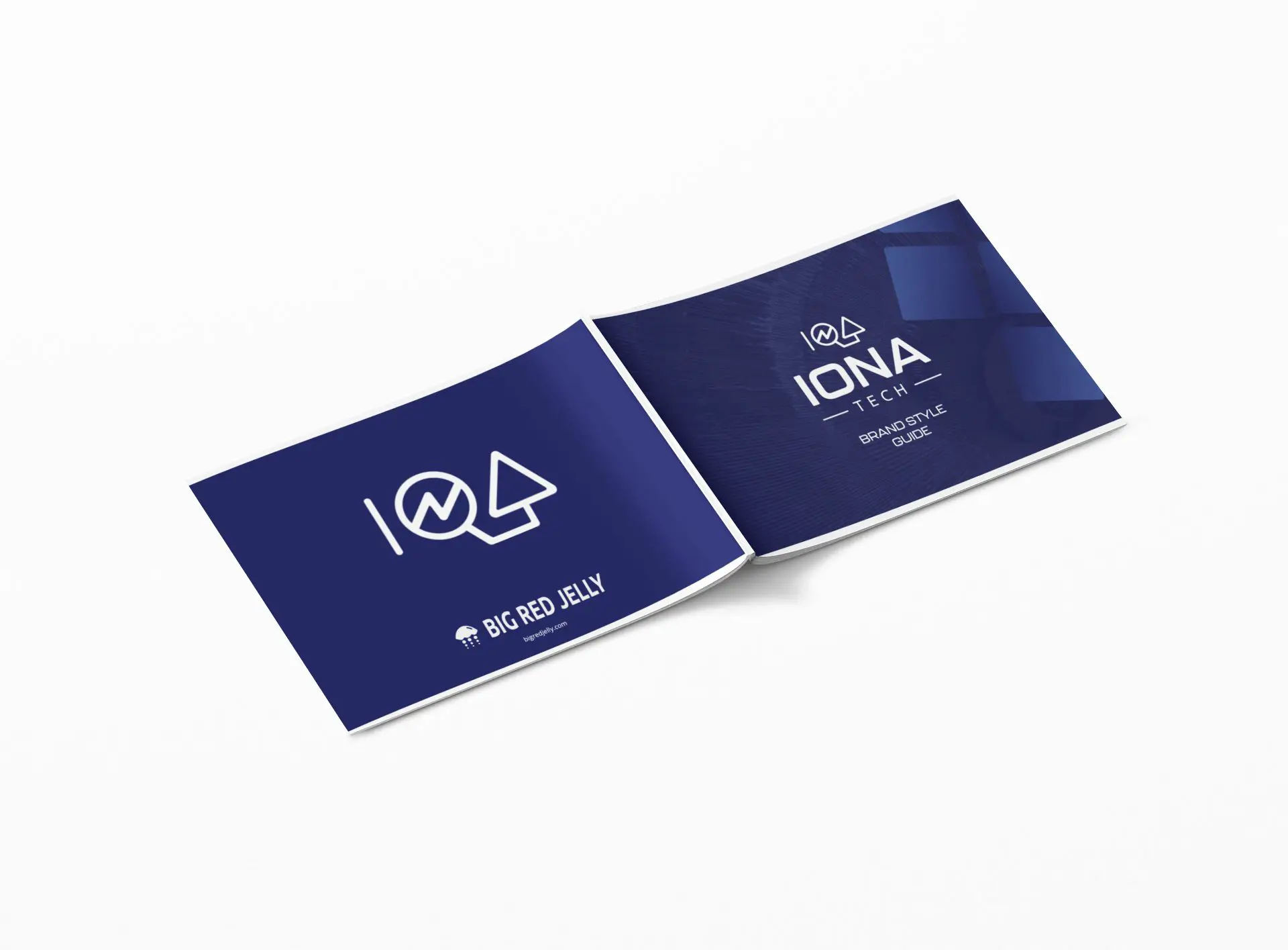 An open booklet with a dark blue cover, displaying the white text IONA Tech and a geometric logo. The left page reads Big Red Jelly with an icon, both on a clean white background.