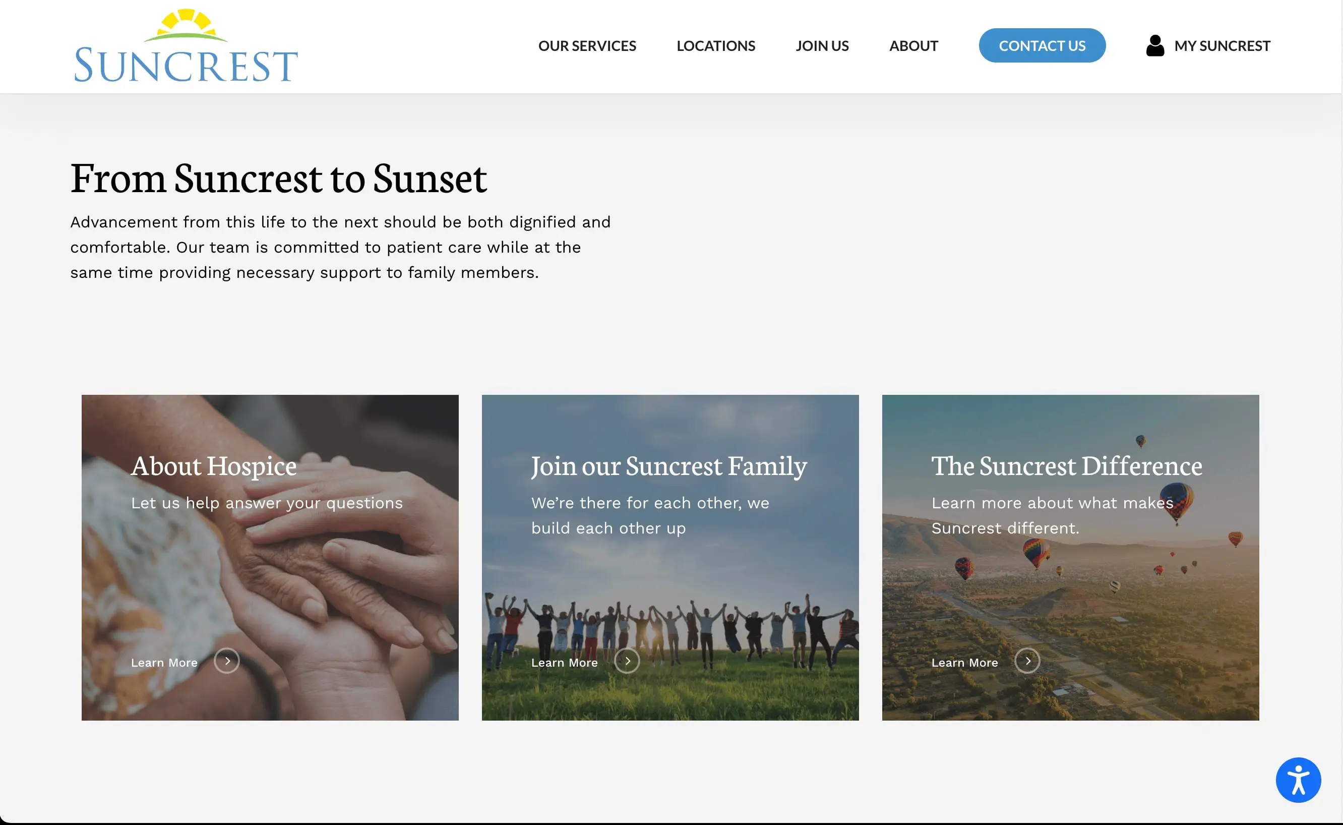 Screen Shot 2022-10-20 at 11.04.04 Screenshot of the new website design for Suncrest Care by Big Red Jelly, featuring the homepage’s main sections: About Hospice, Join our Suncrest Family, and The Suncrest Difference, each with photos and “Learn More” buttons under a “From Suncrest to Sunset” heading.