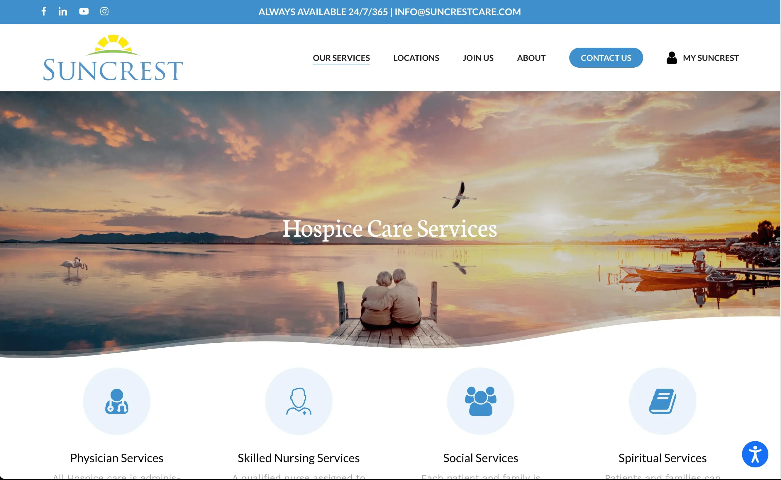 Screen Shot 2022-10-20 at 11.10.33 Website homepage for Suncrest Hospice Care Services, showcasing a serene sunset over a lake with two people on a dock. Discover the new website design for Suncrest Care by Big Red Jelly, with menu and service icons at top and bottom.