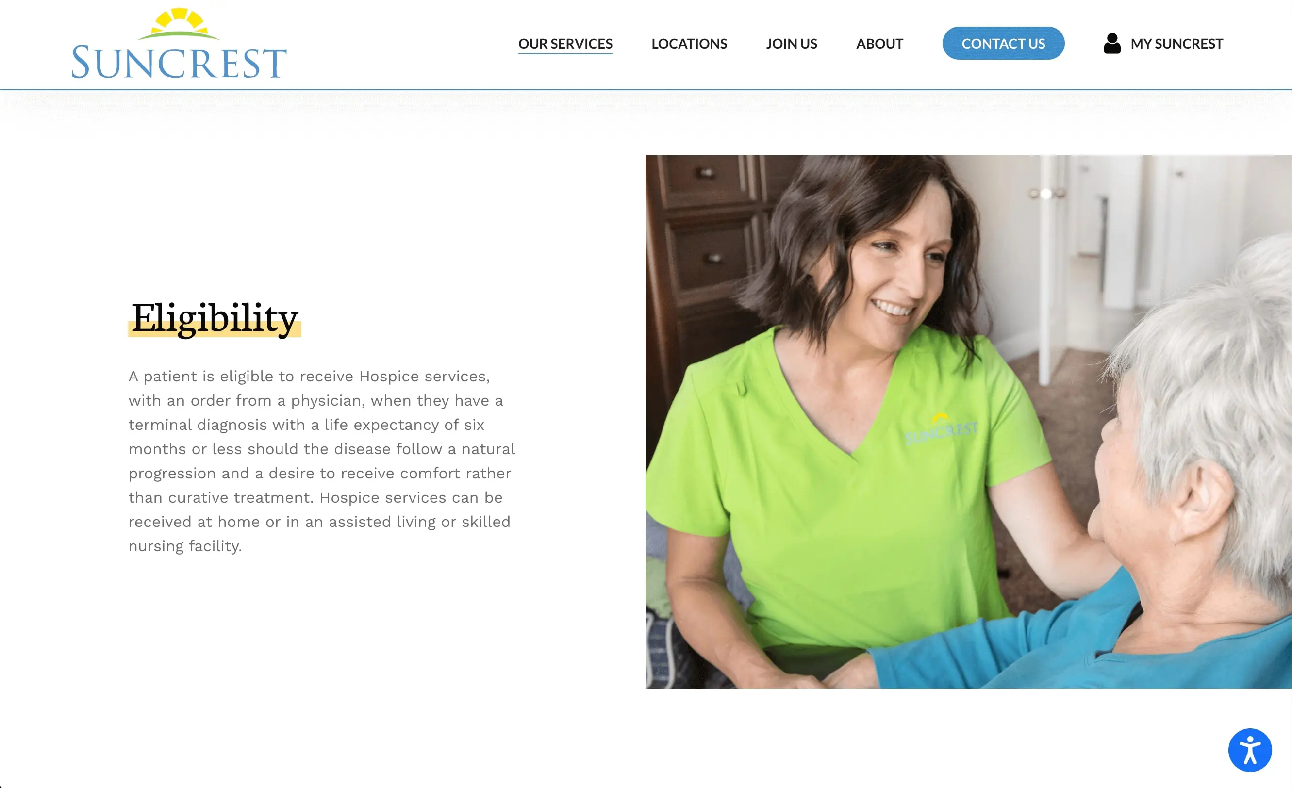 Screen Shot 2022-10-20 at 11.10.53 A smiling female healthcare worker in a green uniform sits beside an elderly woman, holding her hand. The text on the left explains hospice eligibility criteria and highlights the new website design for Suncrest Care by Big Red Jelly.