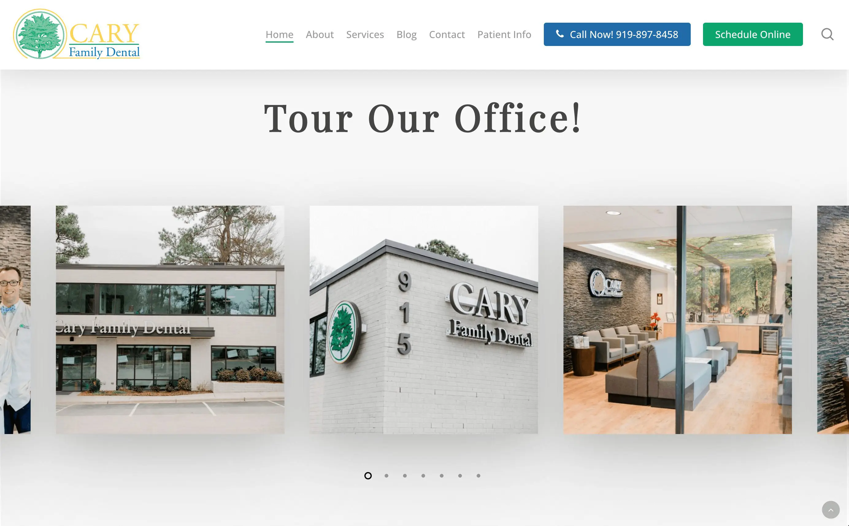 Screenshot 2023-01-16 at 10.36.45 Screenshot of Cary Family Dental’s website showing a “Tour Our Office!” banner, exterior photos, and a modern waiting area. Navigation and contact info are visible at the top, reflecting a polished new website design for Thrive Flower by Big Red Jelly.