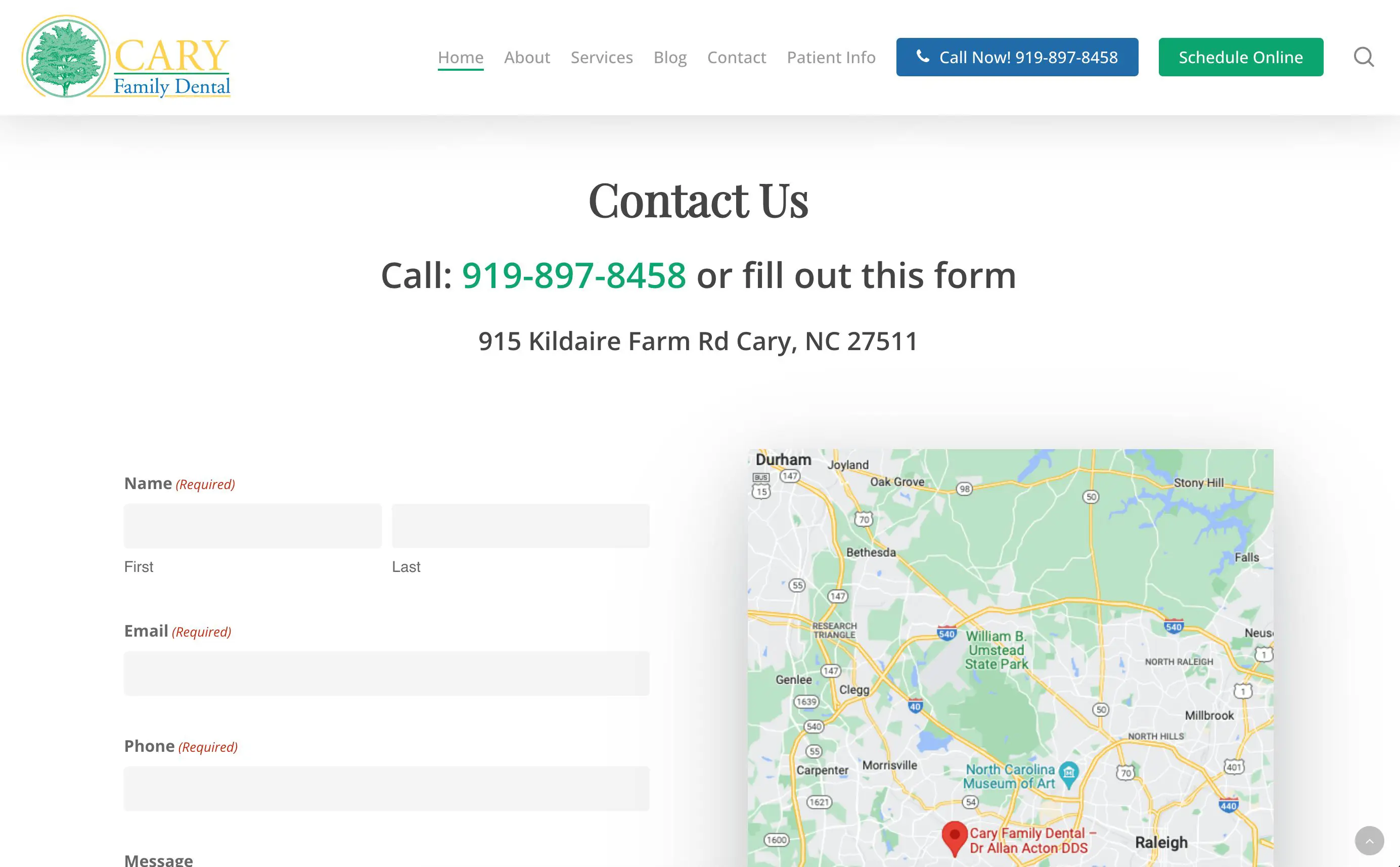 Screenshot 2023-01-16 at 10.36.54 Screenshot of the Cary Family Dental contact page, featuring their phone number, address, a contact form on the left, and a map with their location on the right—similar to the new website design for Thrive Flower by Big Red Jelly.