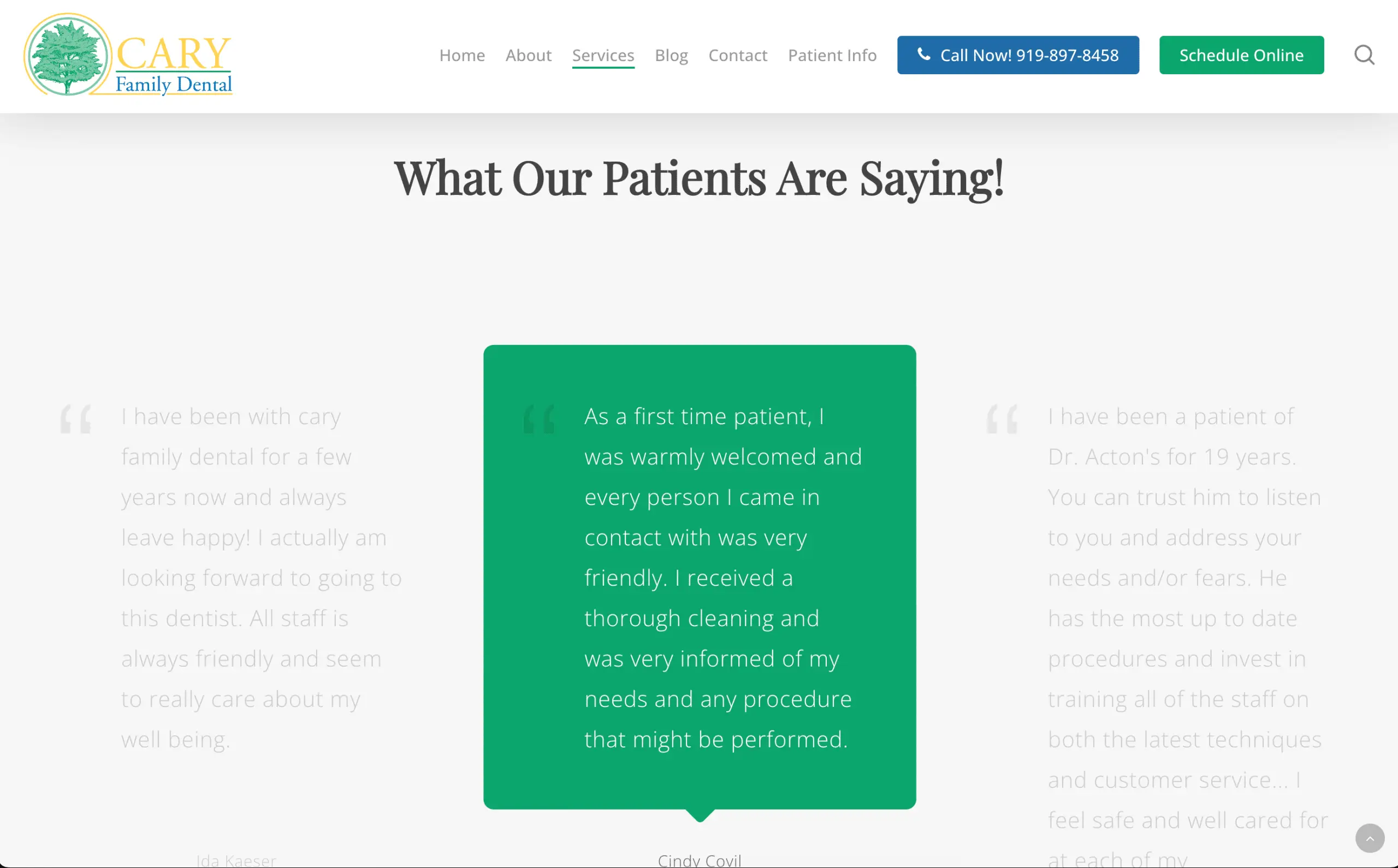 Screenshot 2023-01-16 at 10.37.59 A testimonial section on a dental clinic’s website, inspired by the New Website Design for Thrive Flower by Big Red Jelly, displays a patient review in a green box with the heading What Our Patients Are Saying! and navigation options at the top.