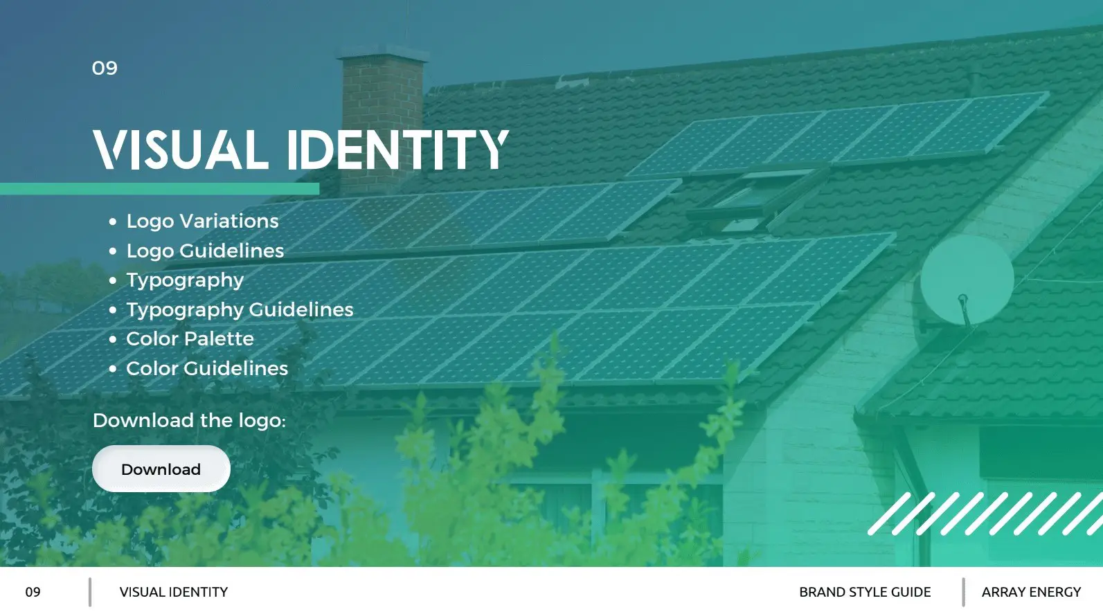 Screenshot (26) edited edited A house with rooftop solar panels is overlaid with a teal filter. Text on the left lists visual identity elements—logo variations, guidelines, typography, color palette—and offers a button to download the logo.
