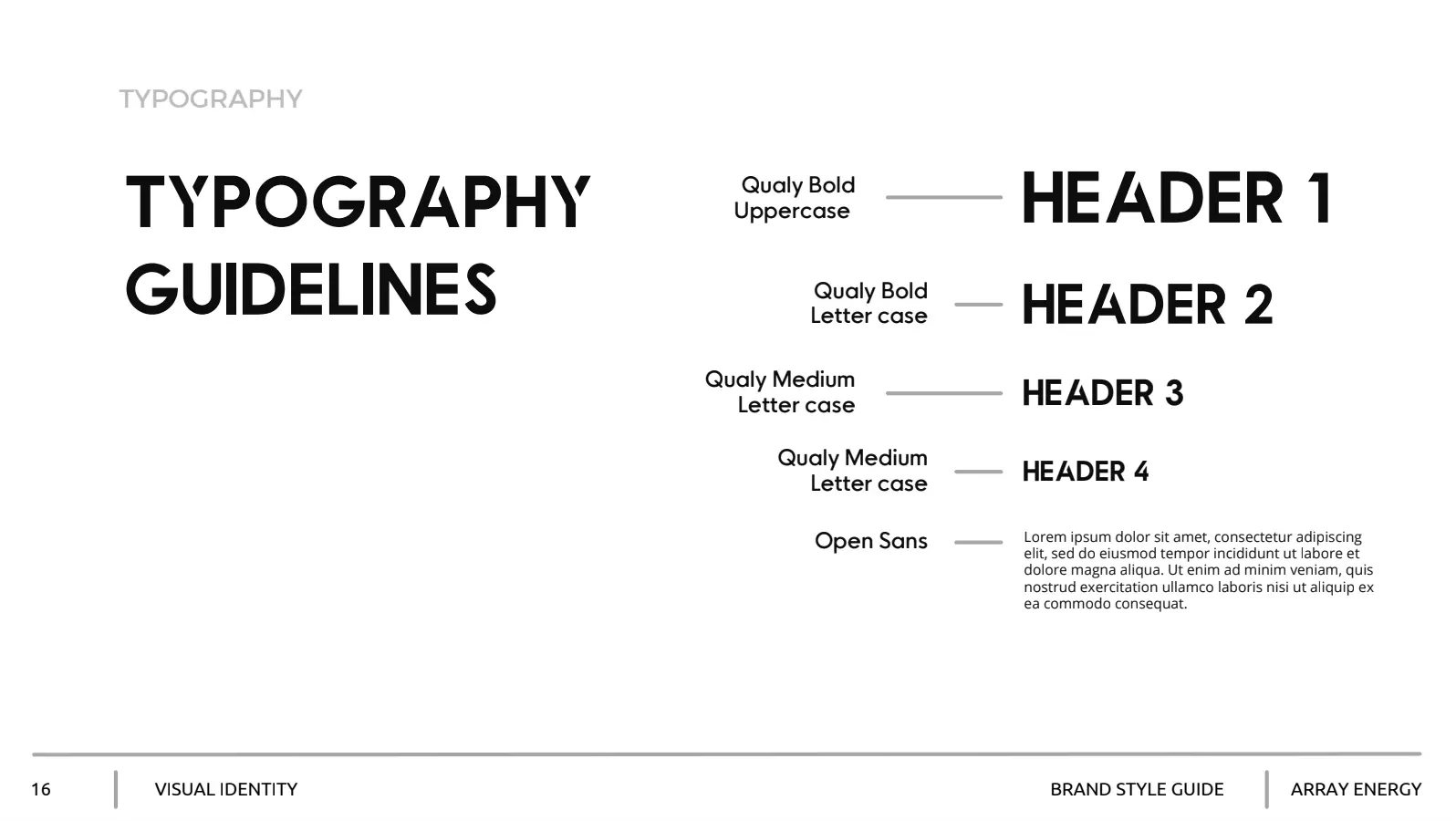 Screenshot (27) A typography guidelines page showing sample headers in different fonts and weights, including Quady Bold and Medium, and Open Sans, with labels for each style and a placeholder paragraph in Open Sans font.