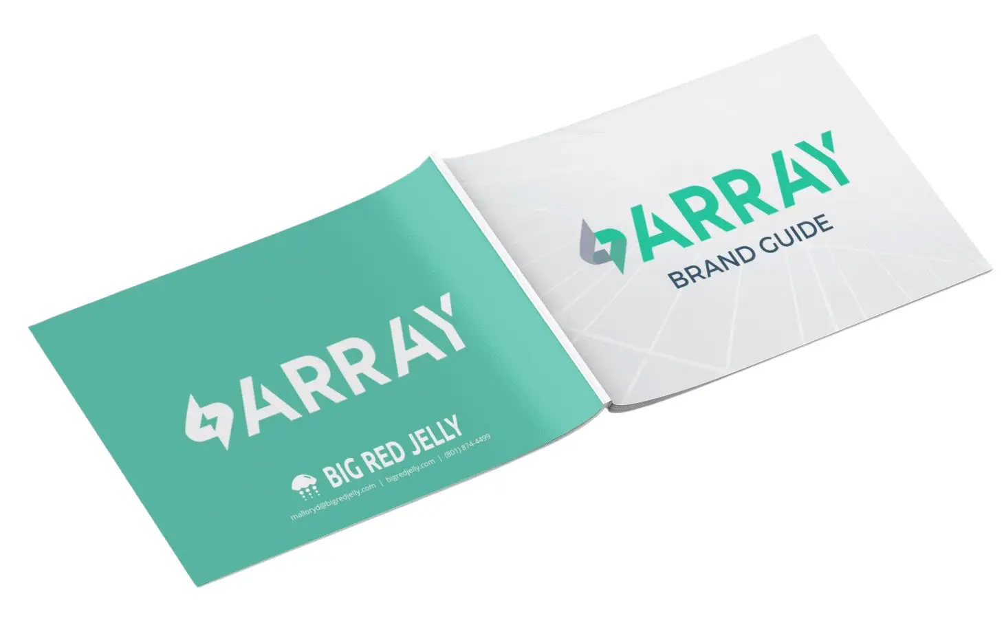 An open booklet displaying the ARRAY logo on both visible pages; the left page has a teal background, while the right page reads ARRAY Brand Guide on a white background with a subtle line pattern.