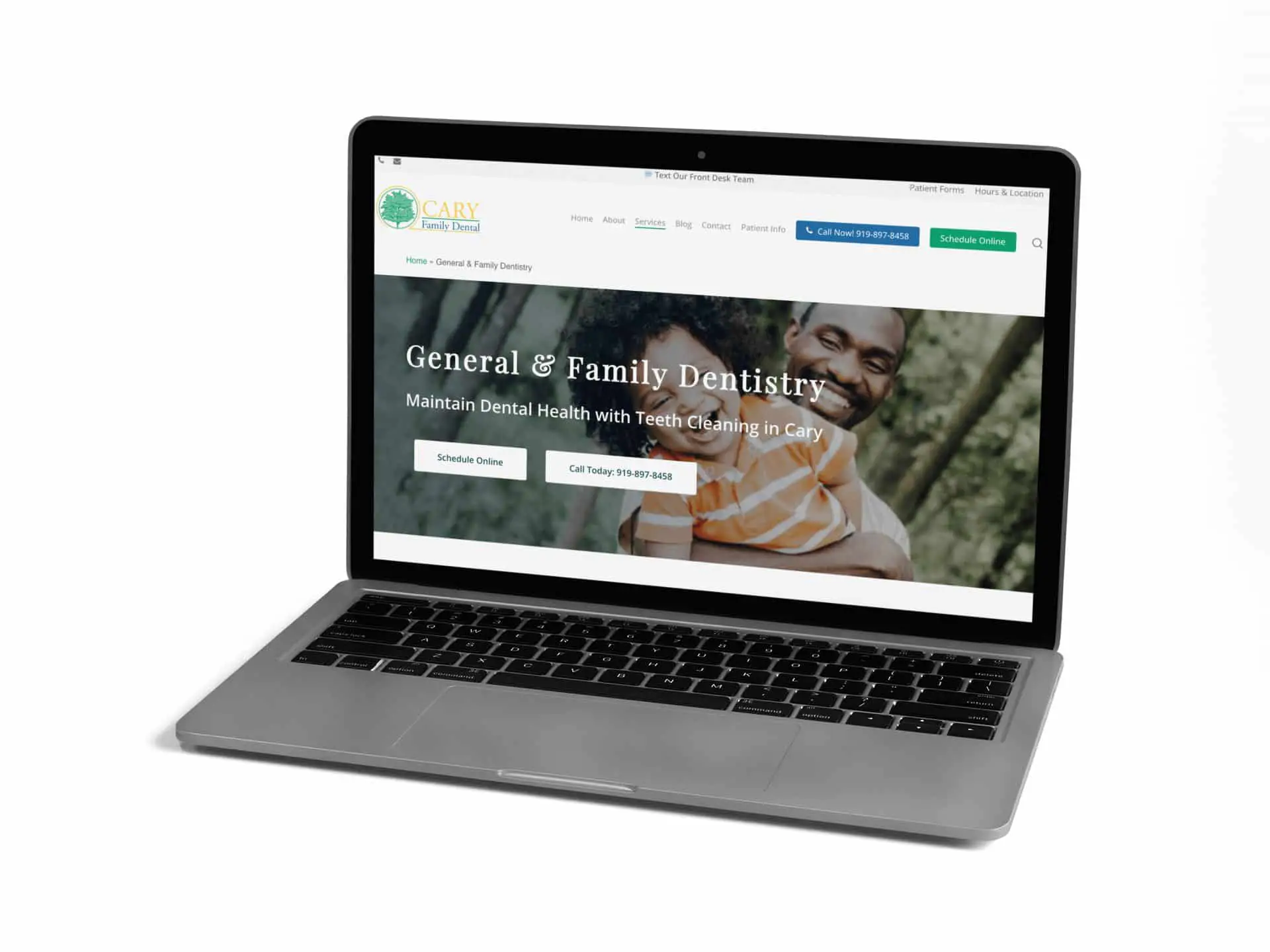 A laptop displays a new website design for Thrive Flower by Big Red Jelly, showcasing a dentistry site with General & Family Dentistry, options to schedule online or call, and a smiling adult and child in the background.