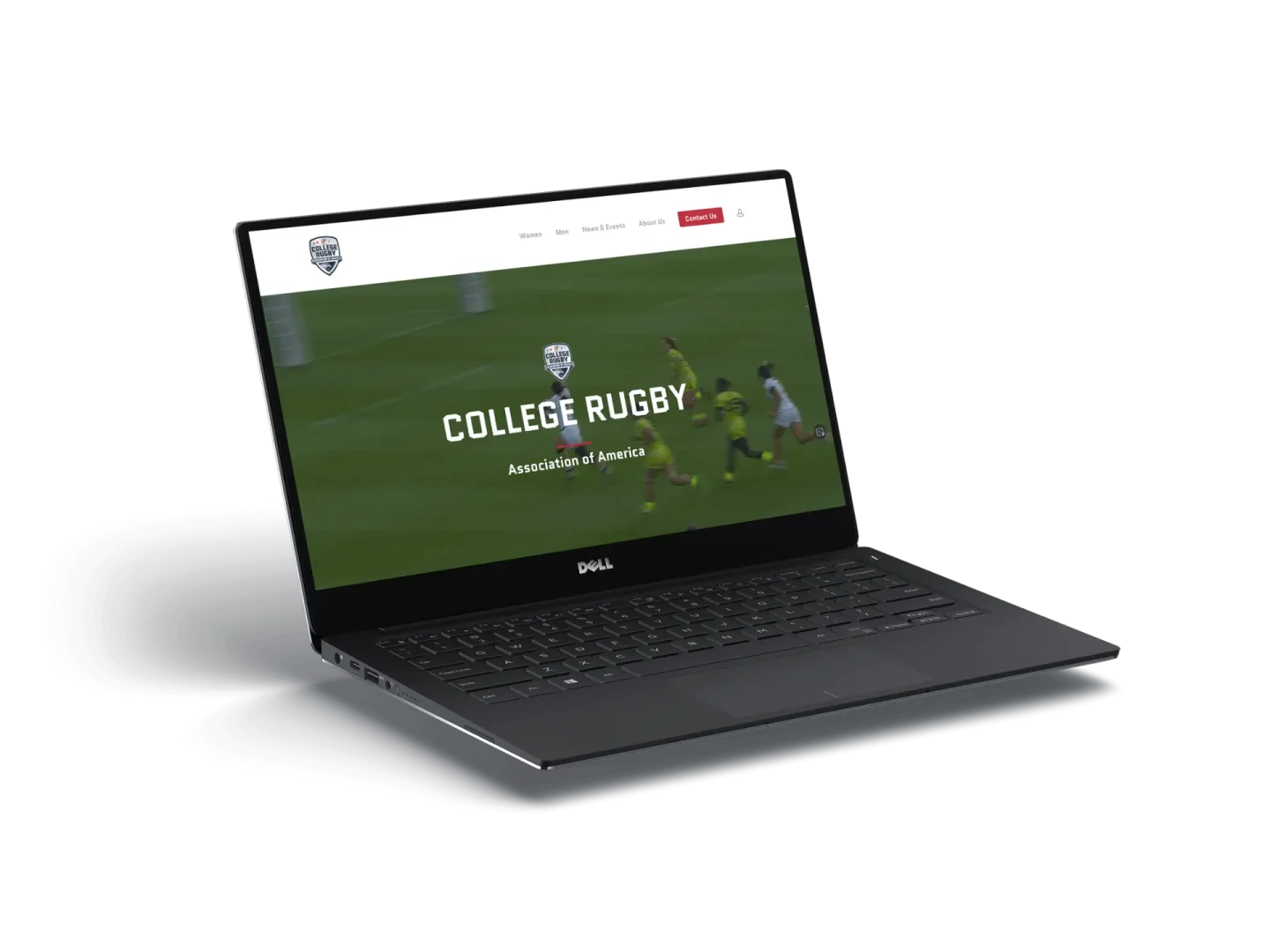 A black Dell laptop displaying the College Rugby Association of America website, showing an image of rugby players on the screen.