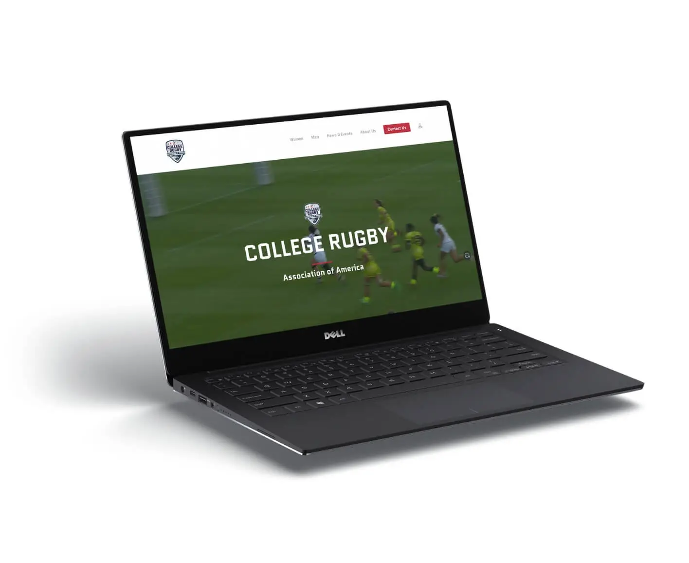 A black Dell laptop displaying a website for College Rugby Association of America, with a rugby match in the background on the screen. The website features a navigation menu and a red Donate button.
