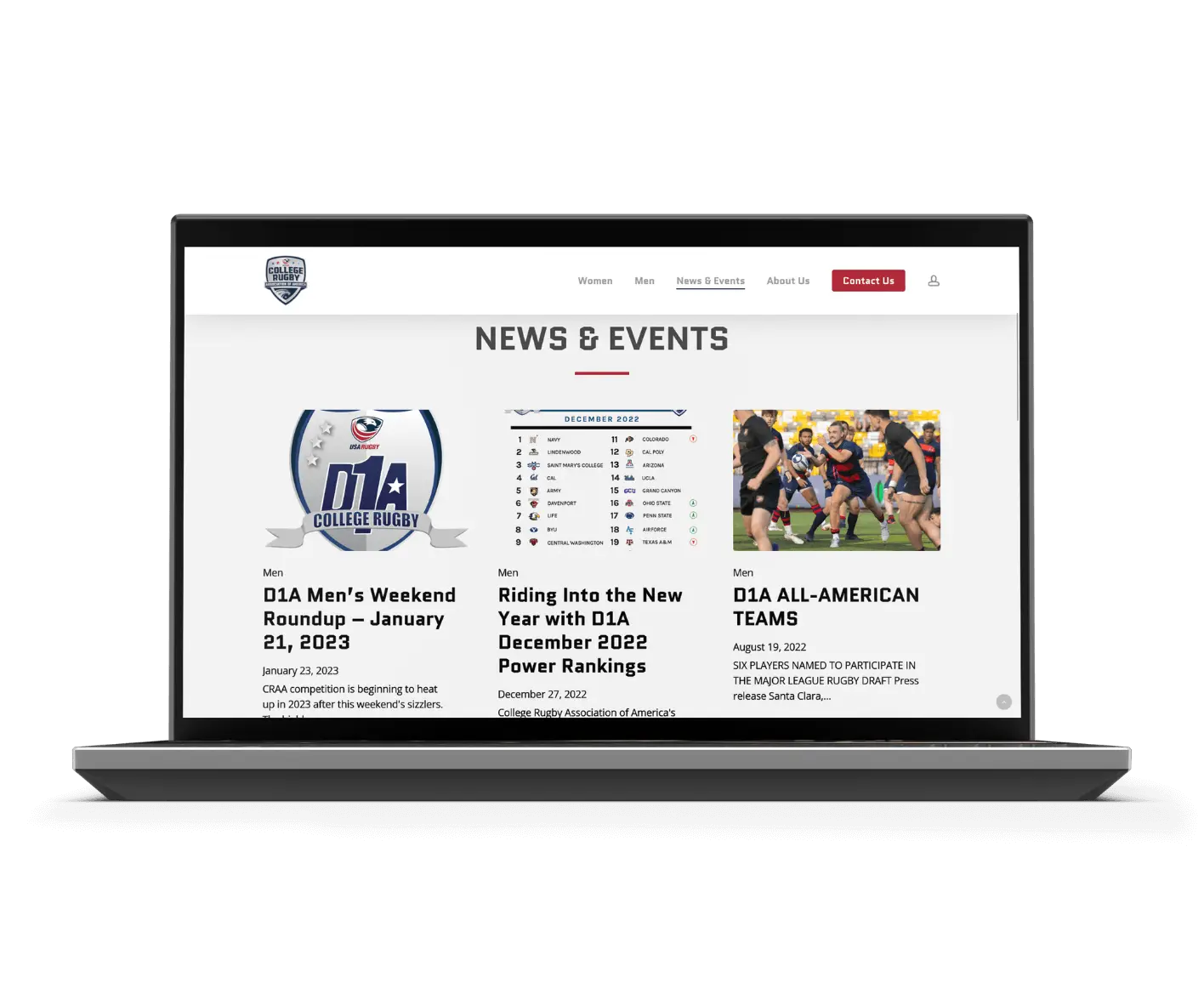 A laptop screen displays a websites News & Events section featuring D1A college rugby articles and images, including a logo, a rugby match photo, and articles about rankings and All-American teams.