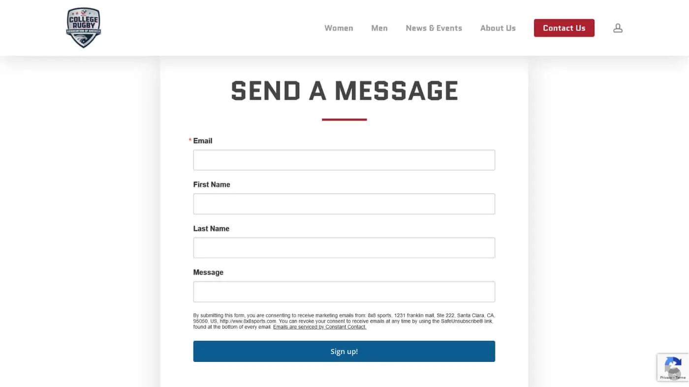 CRRA Screenshot 1 A website contact form titled Send a Message with fields for email, first name, last name, and message, plus a blue Sign up! button at the bottom. Navigation links are visible at the top.