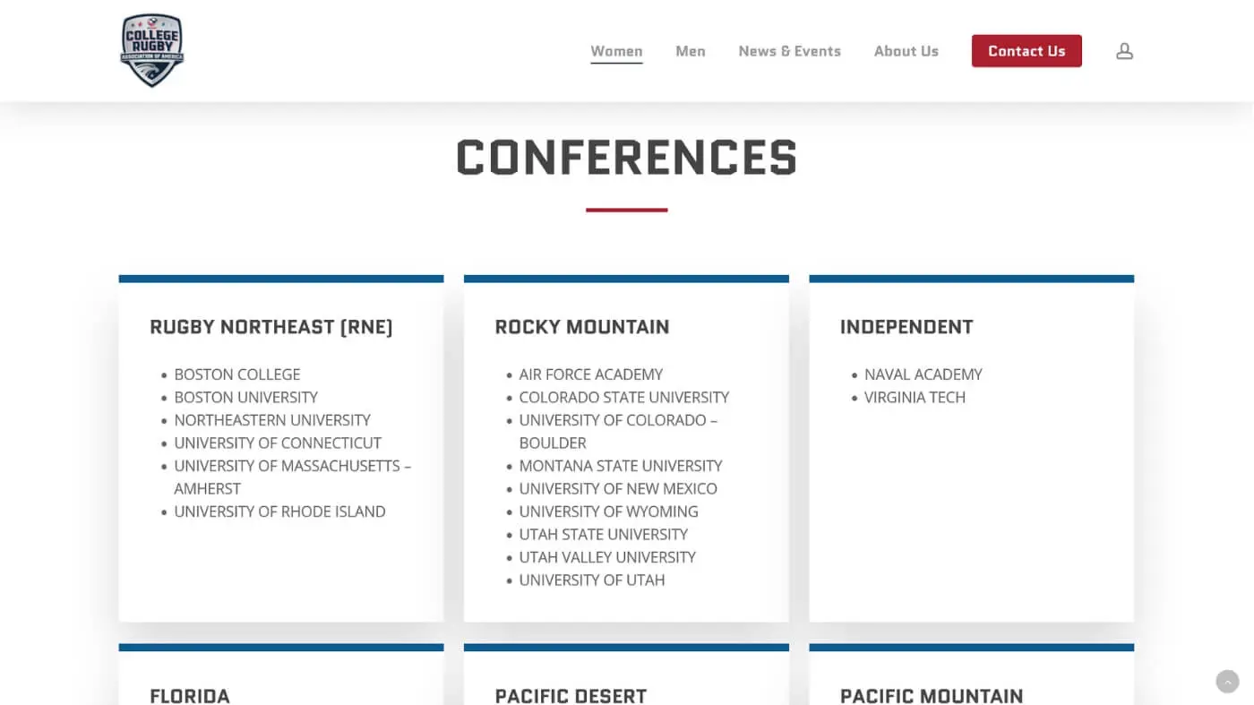 CRRA Screenshot 2 A webpage titled Conferences lists collegiate rugby teams under sections: Rugby Northeast (RNE), Rocky Mountain, and Independent, with each section displaying several university names. The College Rugby logo appears at the top left.