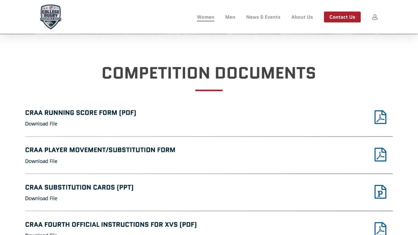 CRRA Screenshot 3 A website page displays Competition Documents with downloadable forms, including CRAA Running Score Form, Player Movement/Substitution Form, Substitution Cards, and XVs Official Instructions. The menu bar is visible at the top.