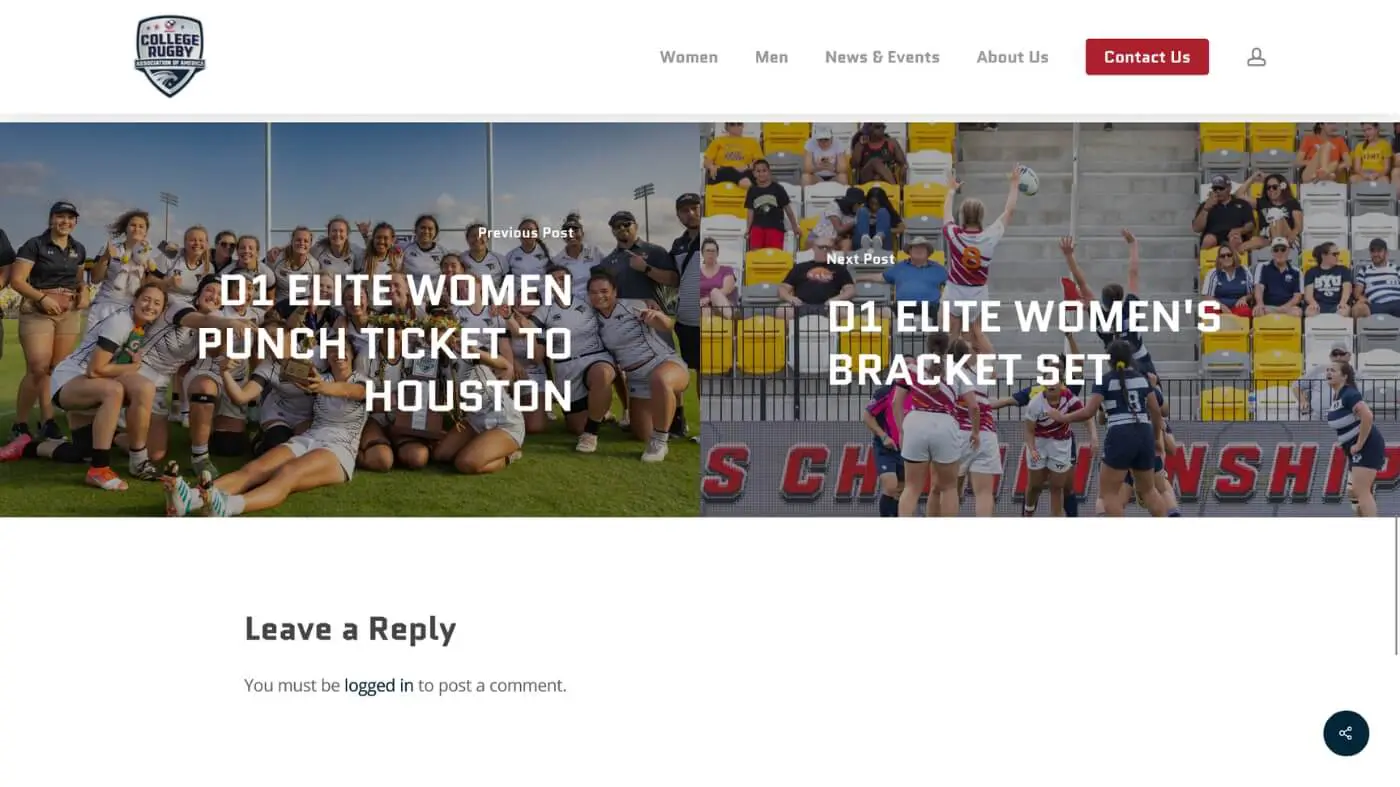 CRRA Screenshot 4 Screenshot of a college rugby website showing two featured posts: on the left, a womens rugby team celebrates on a field; on the right, female players jump for a ball during a match. Navigation links appear at the top.