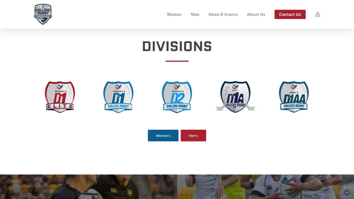 CRRA Screenshot 5 A webpage displays rugby division logos for Womens and Mens College Rugby: D1 Elite, D1, D2, D1AA, and D1AA. Navigation links appear at the top, and “Contact Us” is highlighted in red.