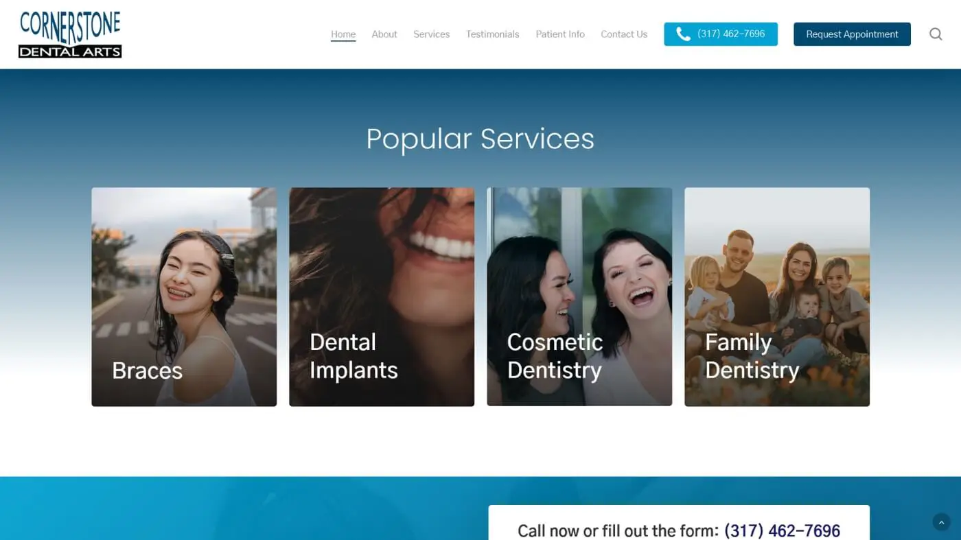 Captura de tela 1 da Cornerstone Dental Página inicial da Cornerstone Dental Arts mostrando quatro serviços populares: aparelho ortodôntico, implantes dentários, odontologia estética e odontologia familiar, cada um com uma foto de pessoas sorridentes acima do título do serviço.