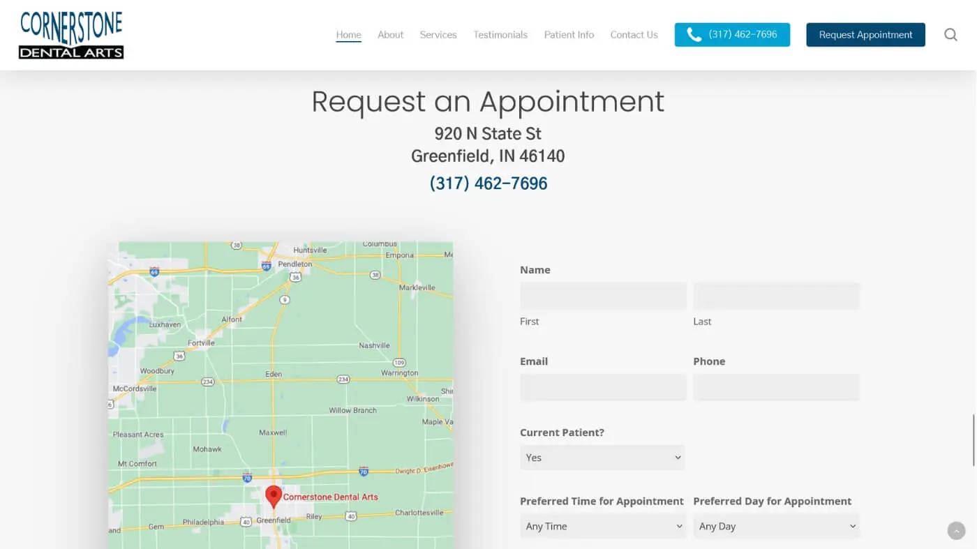 Captura de tela 2 da Cornerstone Dental Captura de tela da página Solicitar uma consulta em um site de consultório odontológico, mostrando informações de contato, um mapa com um alfinete em Greenfield, IN, e um formulário on-line para inserir nome, e-mail, telefone e preferências de consulta.
