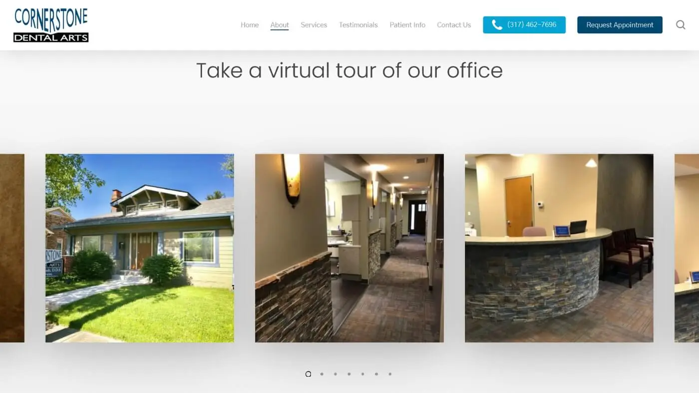 Captura de tela 4 da Cornerstone Dental Captura de tela do site de um consultório odontológico mostrando o exterior do prédio, um corredor com salas de exame e uma recepção. O cabeçalho inclui links de navegação e um botão "Agendar Consulta".