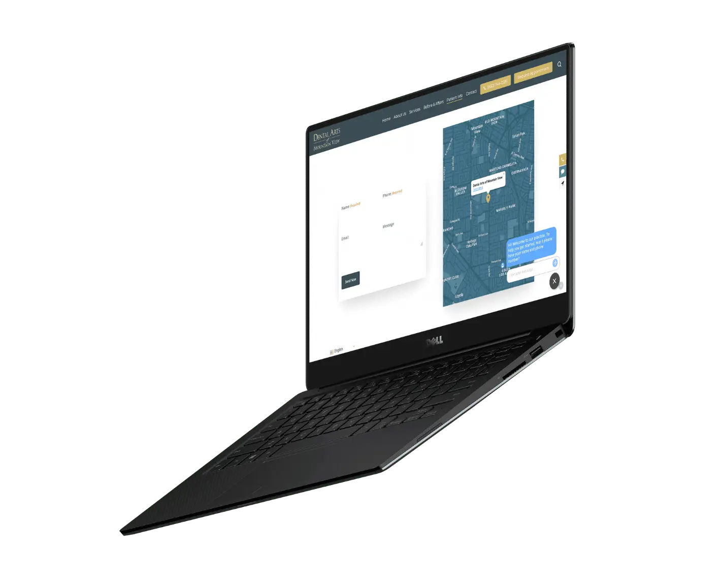 A black Dell laptop is open at an angle, displaying the Dental Arts of Mountain View website with a map and chat interface on the screen against a white background.