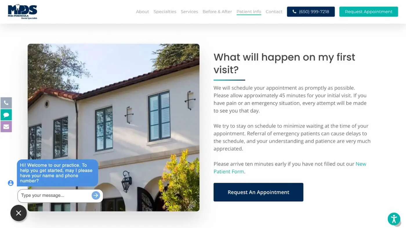 MPDS Screenshot 3 A dental clinic website for Mid Peninsula Dental Specialists displays a building with blue shutters on the left, text about your first visit on the right, a "Request An Appointment" button, and a helpful chatbot popup in the corner.