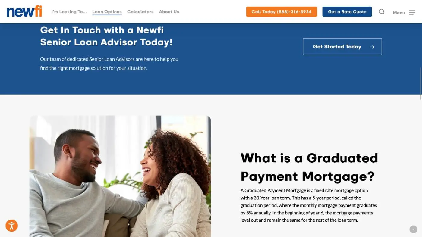 Newfi Screenshot 1 A smiling man and woman sit together on a couch. The webpage promotes Newfi’s Senior Loan Advisor services and features information about Graduated Payment Mortgages, with call-to-action buttons and navigation options at the top.