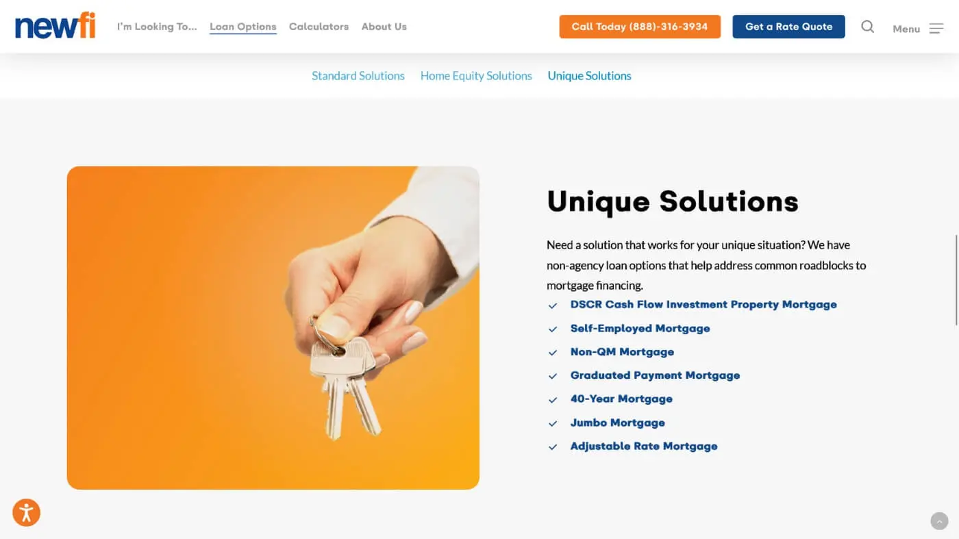 Newfi Screenshot 2 A close-up of a hand holding a set of keys is shown next to a list of unique mortgage solutions on a webpage, including options like DSCR, Self-Employed, Non-QM, and Adjustable Rate mortgages.