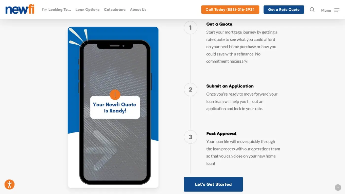 Newfi Screenshot 3 A smartphone screen displays a message reading Your Newfi Quote is Ready! on the left, while the right side lists steps for getting a loan quote: Get a Quote, Submit an Application, and Fast Approval.