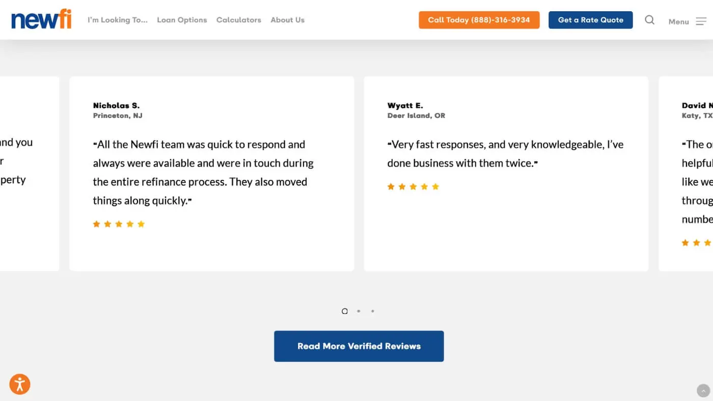 Newfi Screenshot 5 Screenshot of customer reviews on the Newfi website, showing two testimonials praising the company’s quick responses, helpfulness, and efficiency; each review includes the customer’s first name and a star rating.