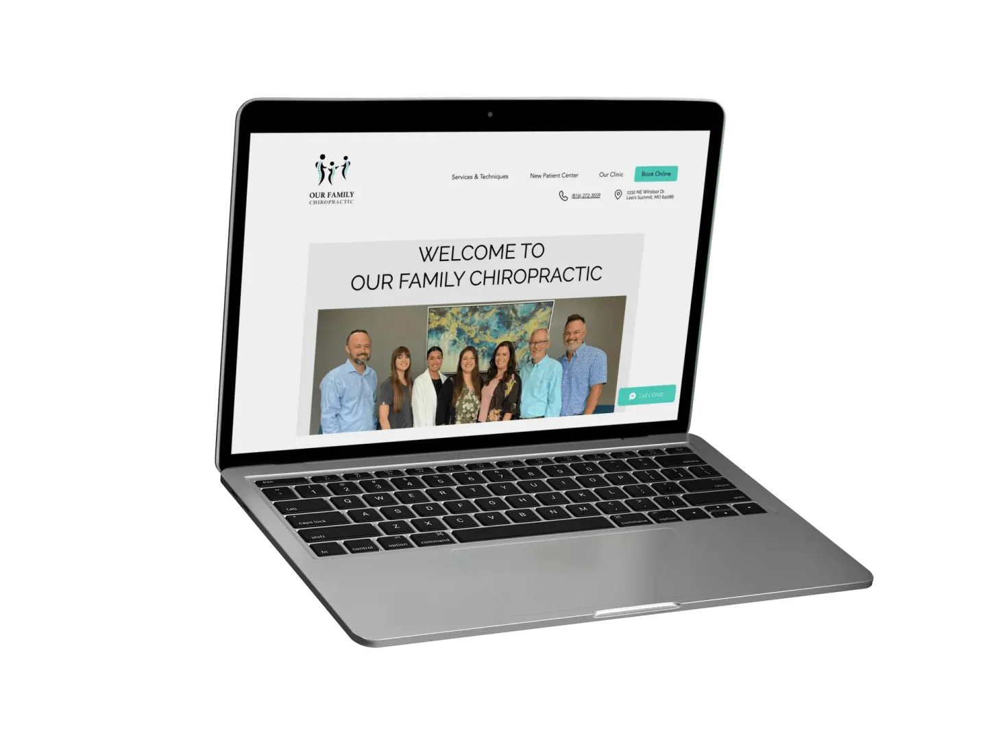 A laptop displaying a chiropractic clinic’s website homepage, showing a welcome message and a group photo of six people standing together and smiling.