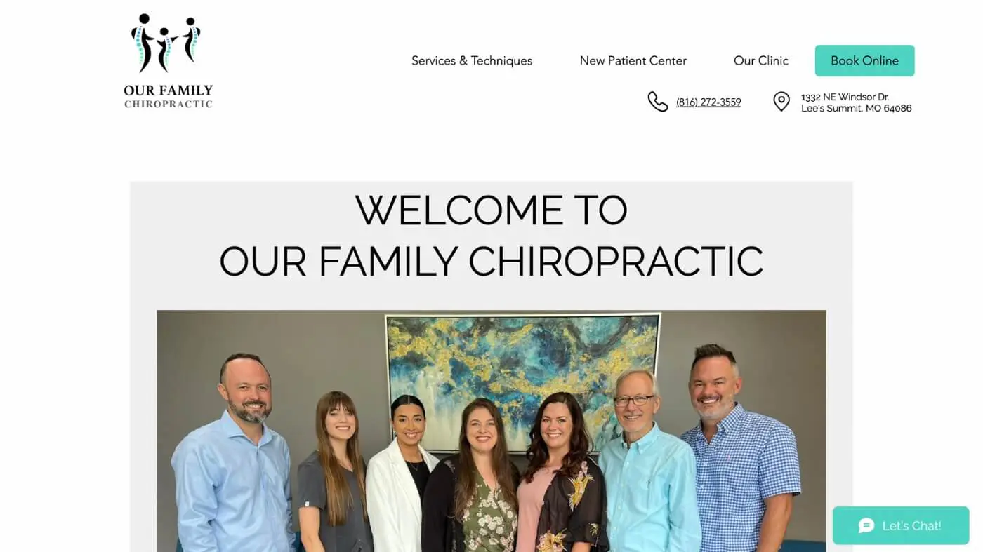 Our Family Chiropractic Screenshot 1 Seven people, four women and three men, stand smiling in front of a colorful abstract painting in an office. The banner above reads WELCOME TO OUR FAMILY CHIROPRACTIC, with contact info and services in the header.