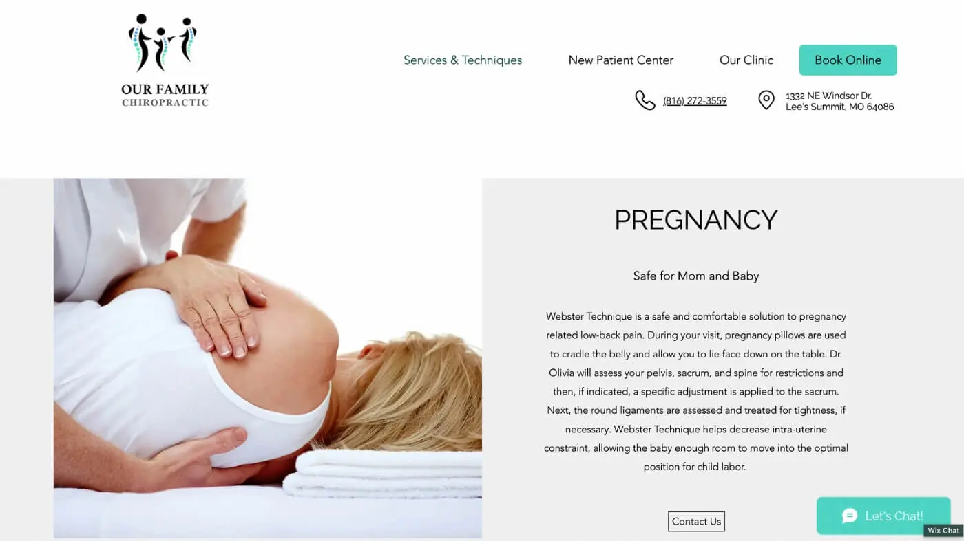 Our Family Chiropractic Screenshot 2 A pregnant woman lies on her side as a chiropractor places hands on her back. The webpage offers information on pregnancy chiropractic care and has contact details, a menu, and a “Book Online” button at the top.