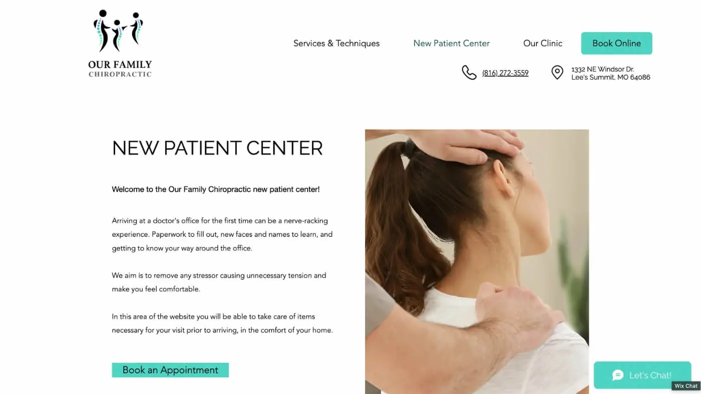 Our Family Chiropractic Screenshot 3 A chiropractor examines a woman’s neck in a clinic setting. The website section is titled “New Patient Center” with information and a “Book an Appointment” button below. The clinic logo and contact information appear at the top.