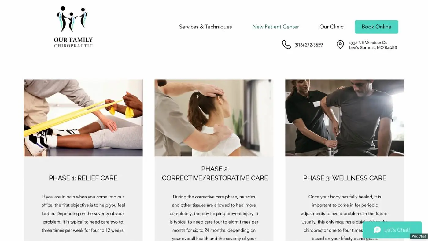 Our Family Chiropractic Screenshot 4 The homepage of Our Family Chiropractic features three columns: a therapist helping a patient stretch, a chiropractor adjusting a patient’s back, and a man receiving a consultation. The clinic’s contact info and booking options appear at the top.