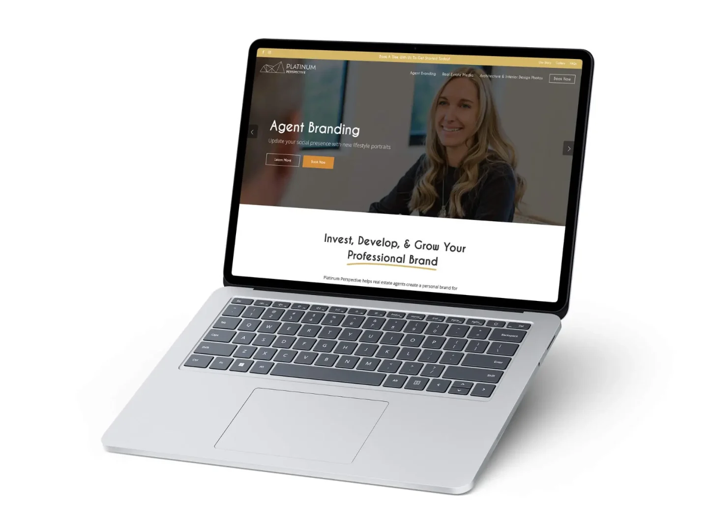 A silver laptop displays a website about agent branding, featuring a smiling woman, navigation menu, and tagline Invest, Develop, & Grow Your Professional Brand on a white background.