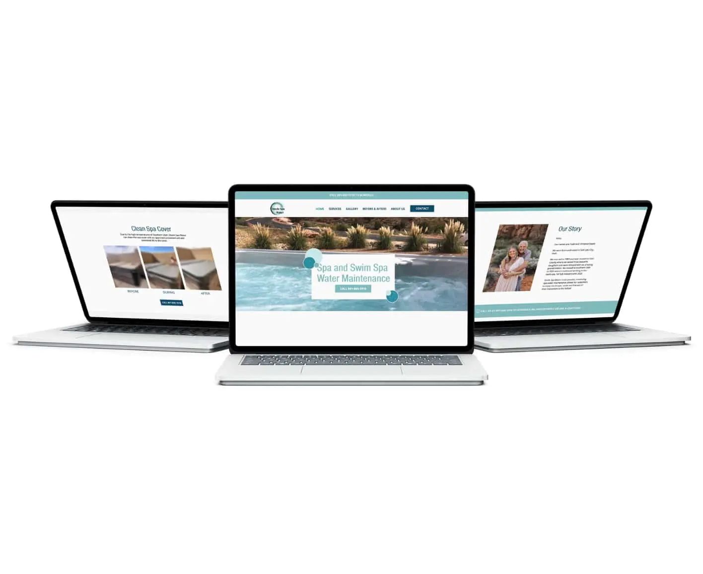 Three open laptops display different pages of a spa and swim spa website, featuring water maintenance, a clean spa cover, and an Our Story section with an image of two people. The background is white.